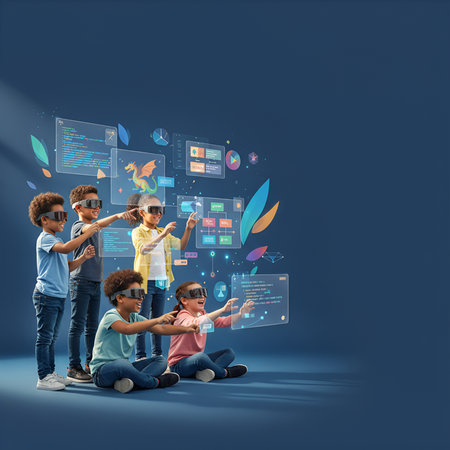 This image represents kids learning to code, STEM education, future technology, virtual reality gaming, and the integration of digital skills with creative play in an immersive, fuの素材