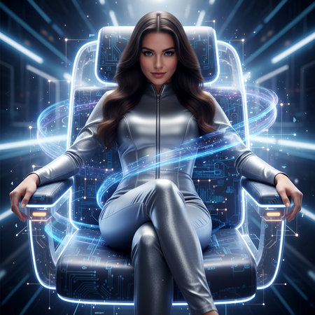 A confident woman in a sleek silver suit sits in a glowing high-tech chair, surrounded by intricate digital circuit patterns and energetic light trailsの素材