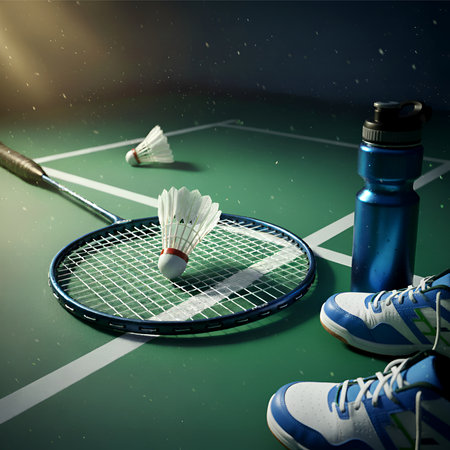 A dynamic close-up shot of badminton equipment, including a racket, shuttlecocks, a blue water bottle, and athletic shoes, resting on a vibrant green court with white lines.の素材