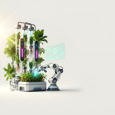 A futuristic 3D rendering of an automated hydroponic vertical farm, featuring a robotic arm tending to plants and holographic data interfaces. Represents agricultural innovation anの素材