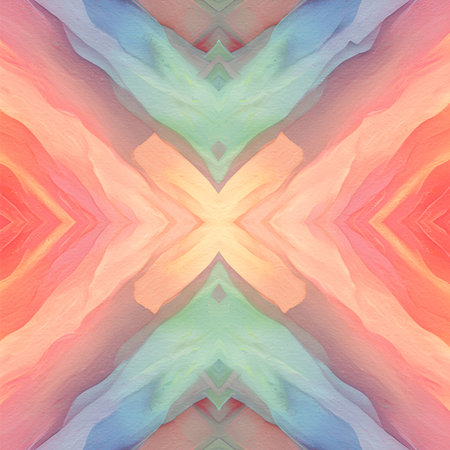 Vibrant, symmetrical abstract background featuring soft, textured acrylic paint strokes in warm coral, mint green, and cool blue pastel tones. Ideal for modern artistic concepts orの素材
