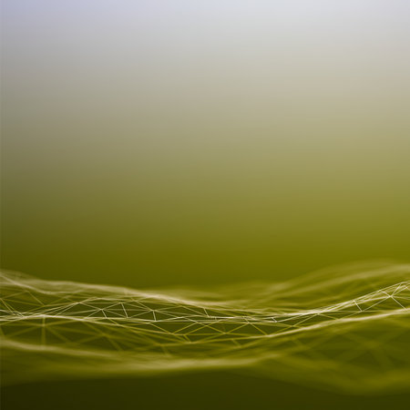 Abstract digital surface featuring a dynamic low poly wireframe mesh in deep olive green and yellow tones. Excellent background for technology, connectivity, dataの素材