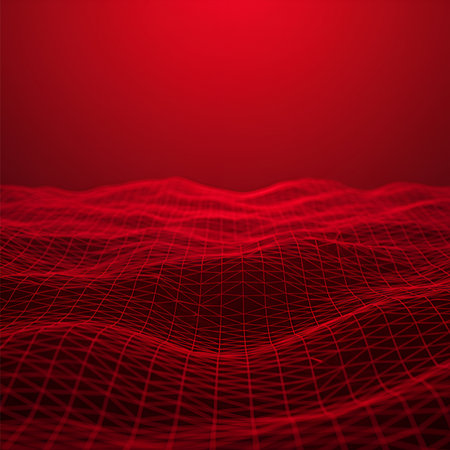 Abstract red futuristic wireframe mesh simulating a digital surface or data wave on a dark red gradient background. Ideal for technology, connectivity, or sci-fi themes.の素材