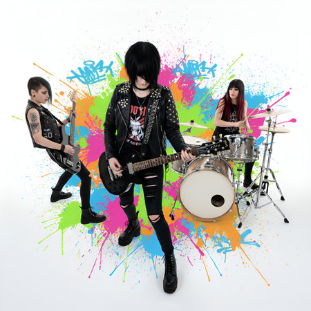 Three edgy, alternative young female musicians performing rock music against a vibrant, energetic neon paint splatter background, symbolizing rebellion and youth culture.の素材
