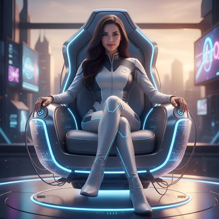 Confident young operator uses AR interface while seated in a glowing, futuristic command chair high above a city skyline. High-tech executive concept.の素材