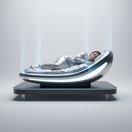 A woman enjoys deep, restorative sleep in a futuristic, sleek wellness pod illuminated by neon blue light, symbolizing advanced regenerative technology and future health solutions.の素材