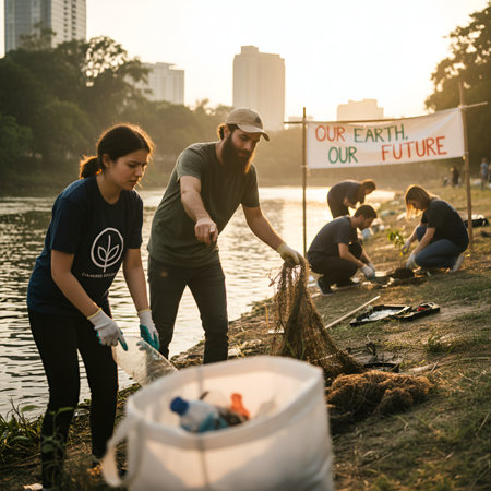 Young environmental volunteers work together cleaning plastic waste and debris from a polluted river bank near the city during a glowing sunset, promoting a sustainable future.の素材