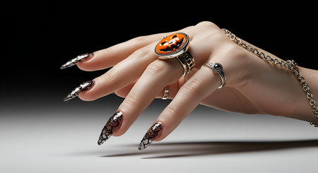 Dramatic Halloween manicure featuring long, pointed stiletto nails with abstract crackle design, accessorized with a prominent jack-o'-lantern pumpkin ring and chain bracelet.の素材