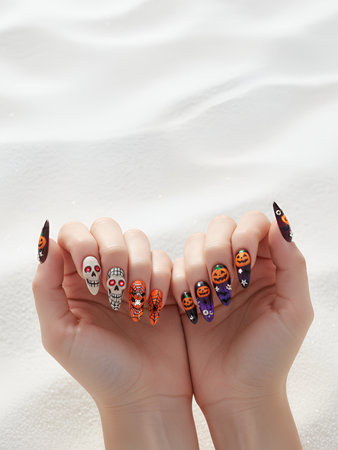 Female hands showcase custom, elaborate Halloween nail art featuring 3D skulls, jack-o'-lanterns, and spiderwebs on long, pointed acrylic nails against a bright white background.の素材