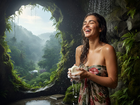 A happy woman enjoys a refreshing natural shower inside a lush, mossy jungle cave overlooking a misty tropical rainforest valley. Perfect for travel and wellness concepts.の素材