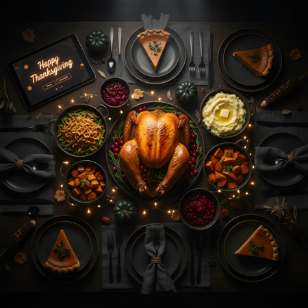 Overhead view of a luxurious Thanksgiving feast featuring a golden roasted turkey, cranberry sauce, mashed potatoes, and pumpkin pie, set on a dark table with moody lighting and aの素材
