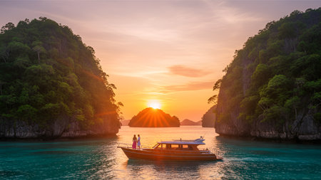 A romantic couple stands on the deck of a private motor yacht, enjoying the stunning golden sunset over turquoise water surrounded by jungle-covered limestone cliffs in a secludedの素材