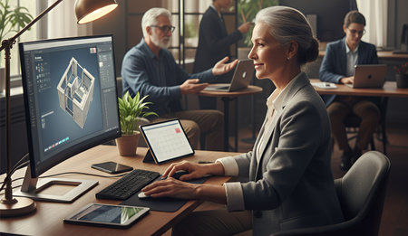 A smiling senior architect works on a 3D CAD model on her computer in a bright, collaborative office environment alongside colleagues. This image represents the blend of experienceの素材
