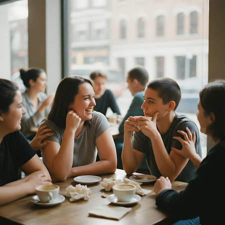 A group of happy young friends gathers around a wooden table in a brightly lit cafe, sharing laughter and intimate conversation while enjoying coffee.の素材