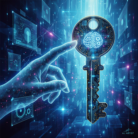 Futuristic concept of digital security and AI access. A glowing hand reaches for a circuit-board key featuring an intelligence symbol in a vibrant blue network environment.の素材