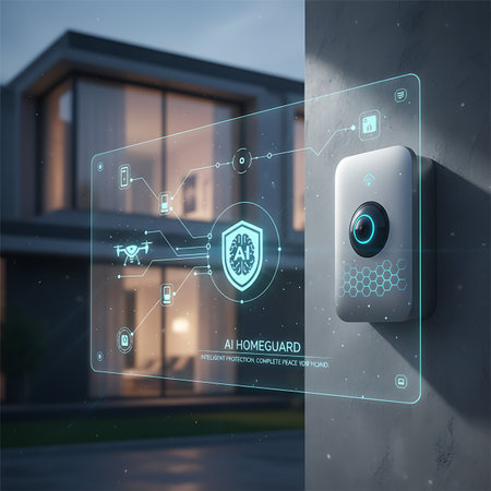 Advanced AI Homeguard system featuring a holographic security interface displaying connected smart devices, sensors, and digital protection for a modern house.の素材