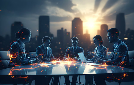 Professional team collaborating on advanced data solutions in a high-rise boardroom.の素材