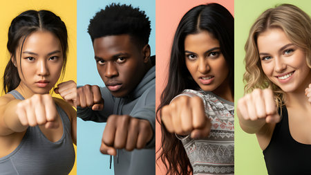 Diverse young people strike powerful fists against bright, segmented backgrounds, symbolizing strength, motivation, and global fitness unity.の素材