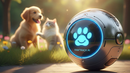 Futuristic AI pet tracking device with a paw logo sits in sunlit grass, observed by a blurred puppy and kitten, symbolizing smart pet care technology.の素材