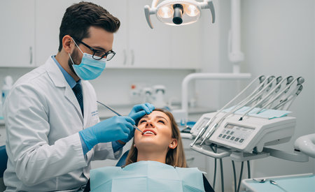 A skilled dentist performs an oral examination on a young female patient in a bright, modern clinic, emphasizing professional dental care and hygiene.の素材