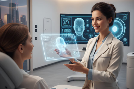 A smiling doctor shows a patient a 3D holographic projection of a brain scan, explaining diagnosis using advanced AI and futuristic medical technology.の素材