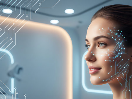 Young woman's profile featuring glowing digital circuitry lines and neural network mapping, representing artificial intelligence, facial recognition, and biometric technology.の素材