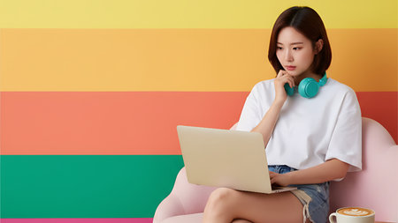 Young Asian woman focused on her laptop, sitting on a pink couch against a colorful striped background, representing remote work and digital lifestyle.の素材