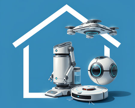 Collection of futuristic smart home robots including a vacuum drone and personal assistant illustrating domestic automation and artificial intelligence technology.の素材