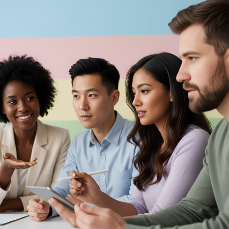 Diverse young professionals collaborate using a digital tablet and stylus during a business meeting. Teamwork and modern technology are key.の素材