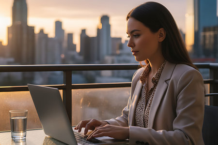 A focused businesswoman types on her laptop on an urban balcony at sunset, showcasing remote working flexibility and success against a blurred cityscape background.の素材