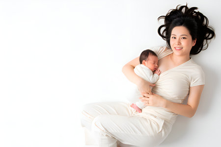 A beautiful Asian mother smiles happily while lovingly cradling her sleeping newborn baby against a clean, bright white background, symbolizing maternal bond.の素材