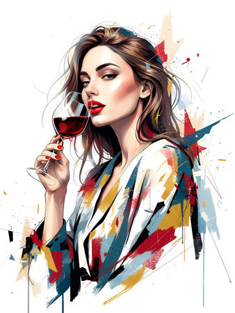 Vibrant and expressive digital painting of an elegant woman tasting red wine, rendered in a modern fashion illustration style with abstract brushstrokes and graphic elements.の素材