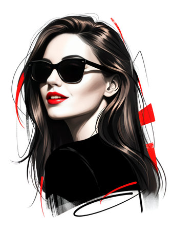 Dynamic digital illustration of a chic woman in sunglasses and red lipstick. Modern fashion portrait with abstract graphic elements isolated on white.の素材