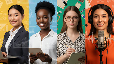 Collage of four diverse women professionals representing finance tech art and media careers concept of female empowerment and vocational diversity.の素材