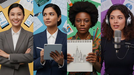 A powerful collage featuring four diverse women succeeding in modern careers: business, engineering, creative arts, and digital media/podcasting.の素材