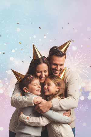 Happy family in party hats with fireworks and confetti on colorful backgroundの素材