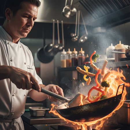 Dynamic shot of a professional chef tossing fresh vegetables in a fiery wok creating authentic Asian stir fry in a dark restaurant kitchen.の素材