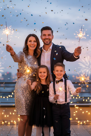Happy family celebrates New Year's Eve with sparklers and confetti on a stylish city rooftop overlooking fireworks.の素材