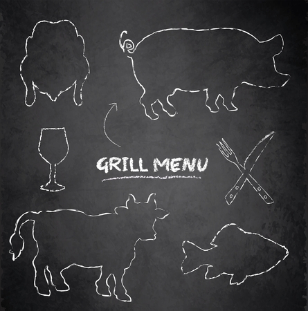 Grill menu of pig, cow, fish and chicken on blackboard chalkboardのイラスト素材