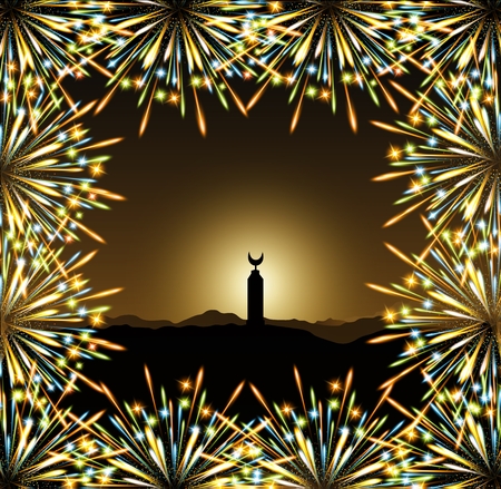 Ramadan minaret arabic mosque, Fireworks colors frame vectorのイラスト素材