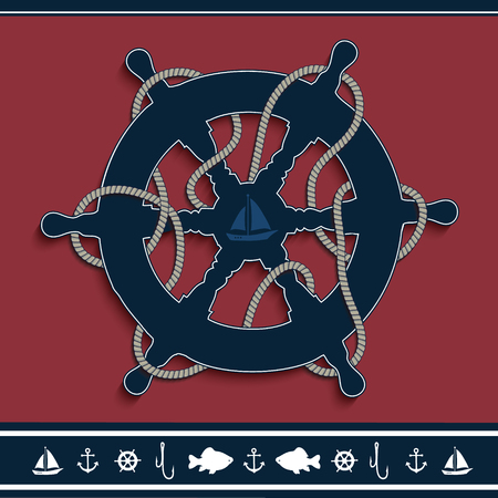 Rudder marine red blue nautical frame rope, icons, vectorのイラスト素材