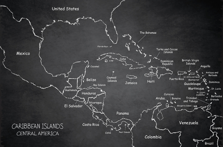 Caribbean islands Central America map, state names, separate states, blackboard chalkboard vectorのイラスト素材