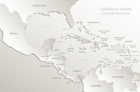Caribbean islands Central America map, state names, separate states, card paper 3D natural vectorのイラスト素材
