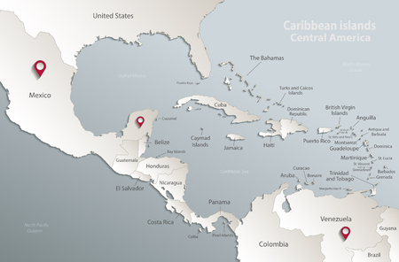 aribbean islands Central America map, state names, separate states, card blue white vectorのイラスト素材