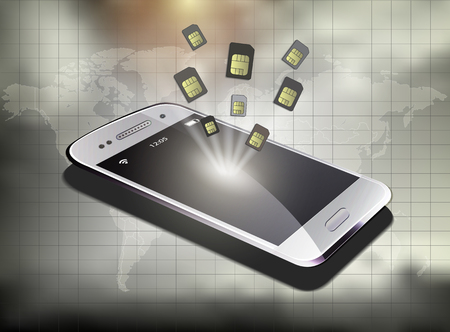 Mobile phone realistic sim card world map vector separate states backgroundのイラスト素材