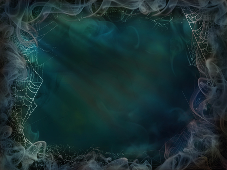 Magical background smoke and spider web for Halloween green blue light wallの写真素材