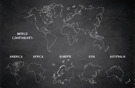 World continents map, America, Europe, Africa, Asia, Australia, blackboard school chalkboard vectorのイラスト素材