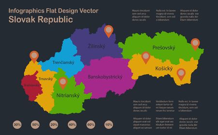 Infographics Slovak Republic map, flat design colors, Slovakia with names of individual administrative division, blue background with orange points vectorのイラスト素材