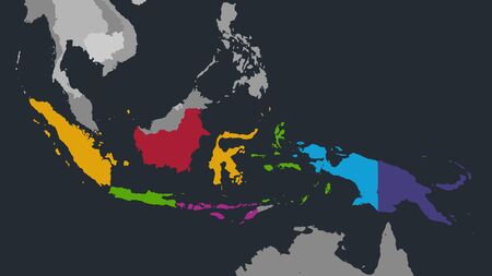 Infographics Indonesia map, flat design colors, with names of individual administrative division and islands,  blue background with orange points blankの写真素材