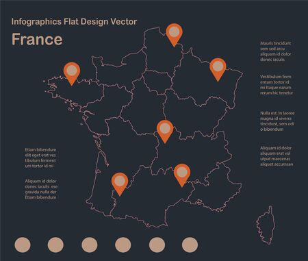 Infographics France map outline, flat design, color blue orange vectorのイラスト素材
